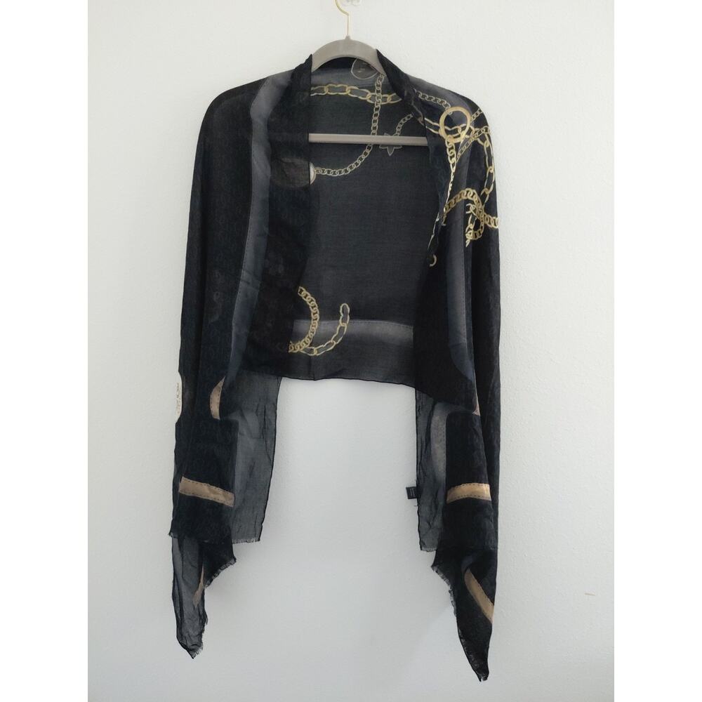 GUESS Scarf Shawl Black Gold Logo Wrap Lightweight Luxury ITALY Countryside VTG